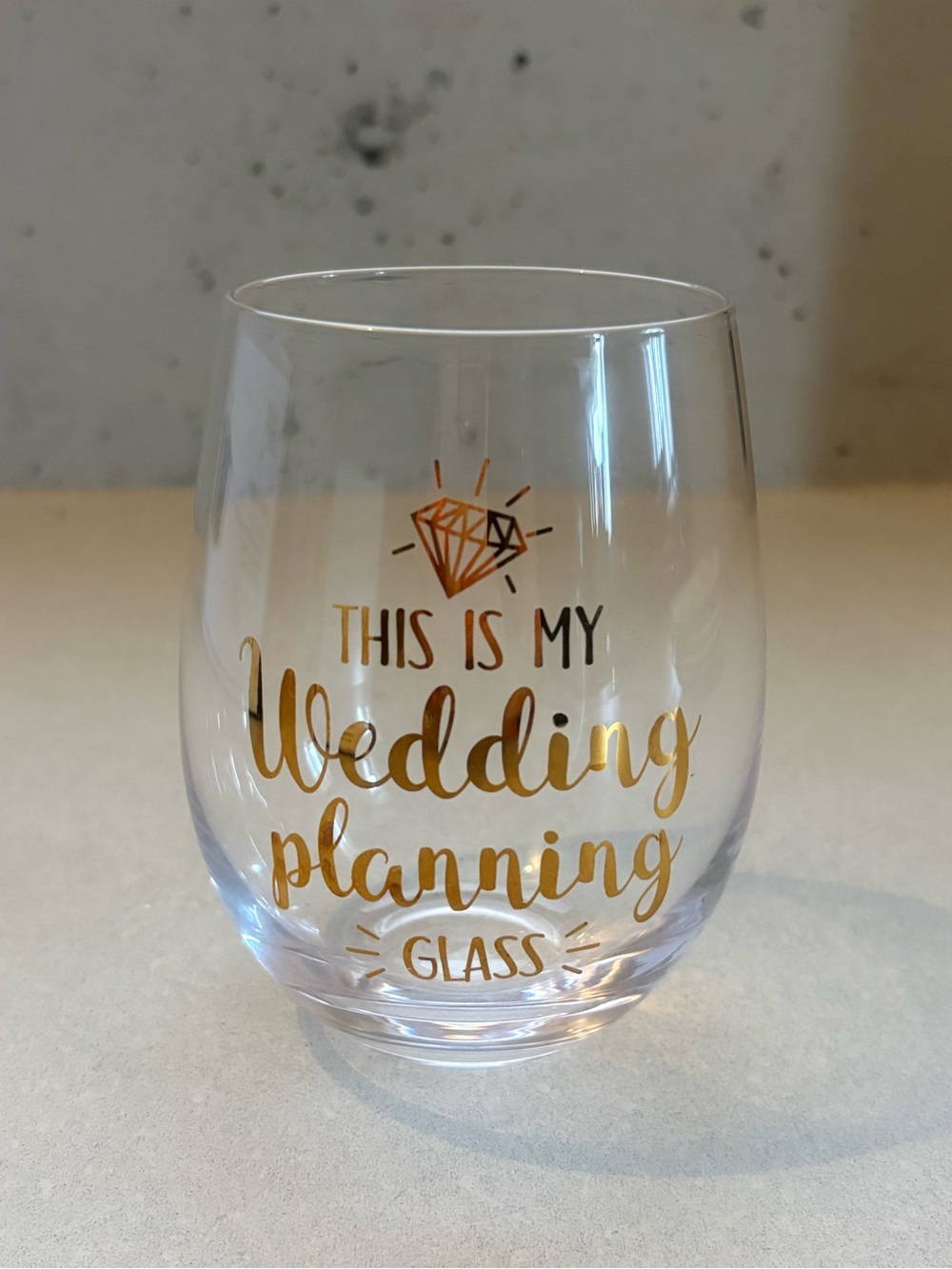 Stemless Clear Wine Glass with Gold 'Wedding Planning' Script